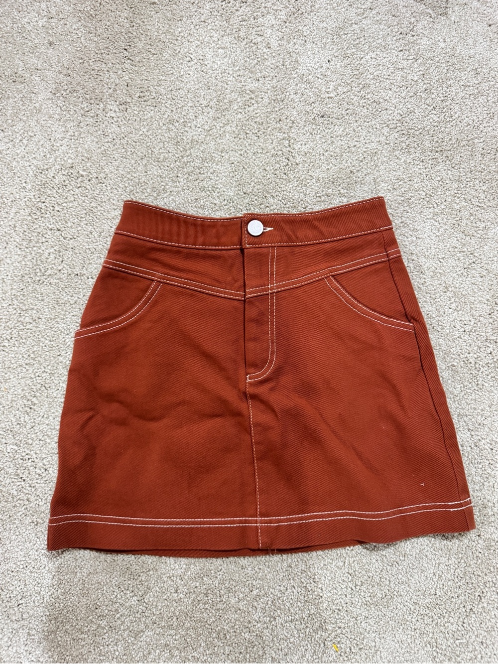 Zara Rust-Red Mini Skirt with White Stitching